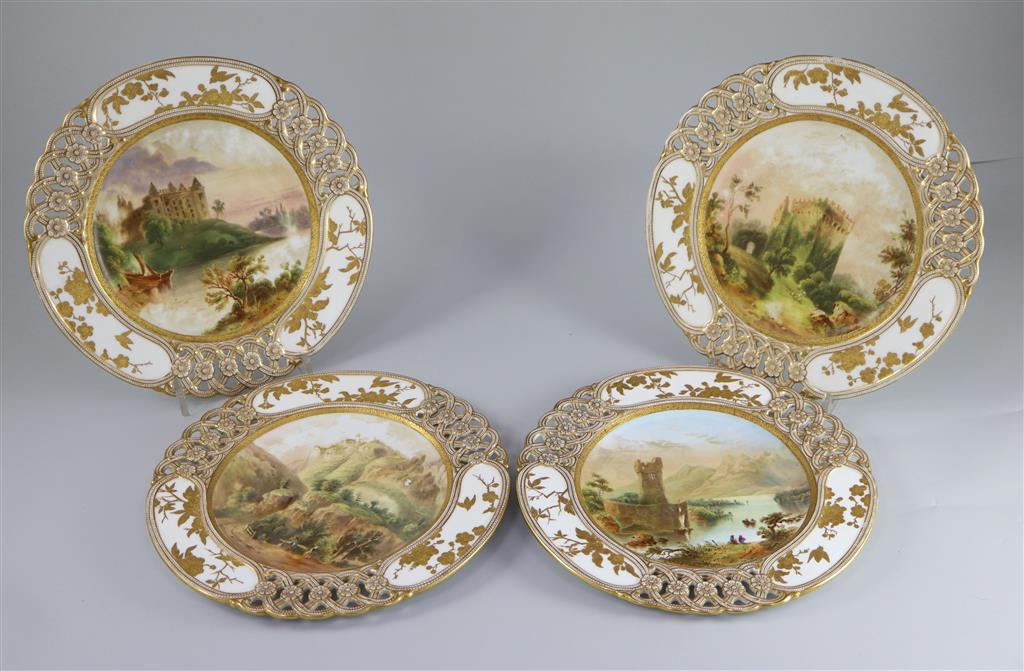 A set of seventeen Coalport topographical dessert plates, c.1880, 24cm diameter
